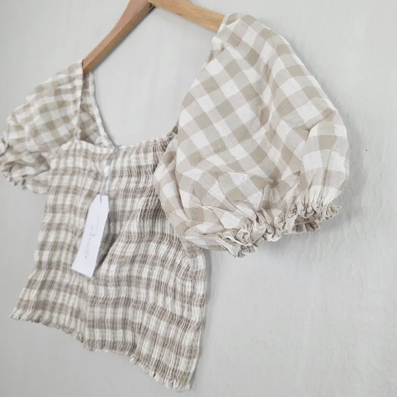 NEW Peixoto Smocked Cream and Tan Gingham Checkered Crop Top Large - Picture 8 of 10